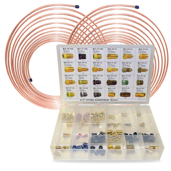 Ags Brake Line Coil and Fitting Assortment Kit, 3/16" x 25', 2 Coils